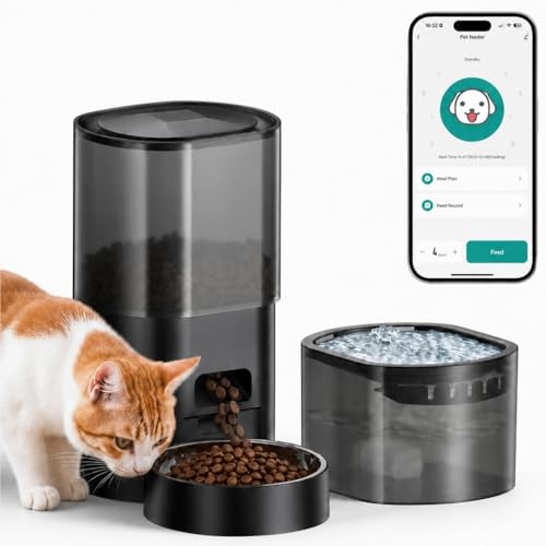 Automatic Cat Feeder and Water Fountain 2-in-1, Smart Timed Cat Food Dispenser with 2.4G WiFi APP Control, Automatic Dog Feeder and Water Dispenser with 10s Voice Recorder for Cats Small Dogs