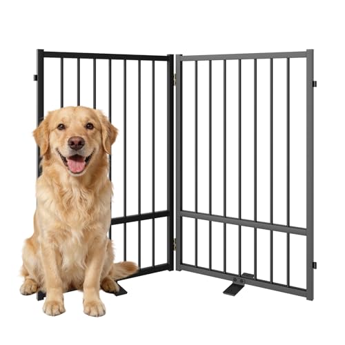 SNUOWU Full Metal Freestanding Dog Gate with Door, 32''Height Foldable Pet Dog Fence for Indoor & Outdoor, 2 Panels Extra Wide Free Standing TallDog Gates for Doorways,House,Stairs,Porch,Deck,Yard - color: Black, size: 【2 Panels】40"W*32H"