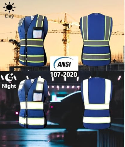 Safety Vest for Women High Visibility Vest with 8 Pockets and Front Zipper Mesh Reflective Vest Meets ANSI/ISEA Standards(Blue-17, Medium) - color: Blue-17, size: Medium