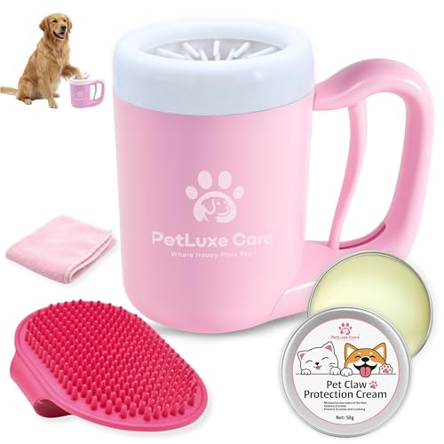 Dog Paw Cleaner, Paw Washer Cup with Soft Silicone Bristles, Portable Dog Foot Washer, 4-in-1 Paw Cleaner Kit with Paw Balm, Microfiber Towel & Grooming Brush (Pink Medium) - color: Pink, size: Medium