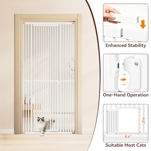 54"-87" Height Adjustable Extra Tall Cat Gate for Doorway, 27.1"-42" Extra Wide Pet Gate with Cat Door & Extension Kits, Pressure Mounted Dog Cat Barrier for Indoor Stairs, Studio, Kitchen (White)