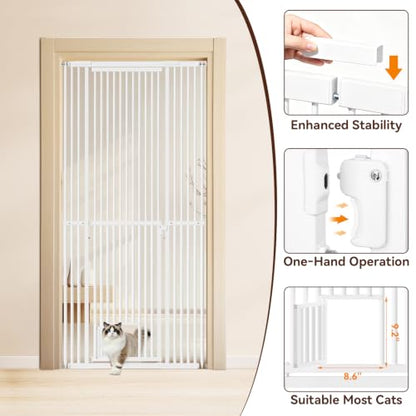 54"-87" Height Adjustable Extra Tall Cat Gate for Doorway, 27.1"-42" Extra Wide Pet Gate with Cat Door & Extension Kits, Pressure Mounted Dog Cat Barrier for Indoor Stairs, Studio, Kitchen (White)