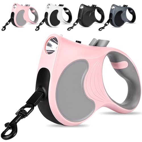 Retractable Dog Leash with Flashlight 16ft Walking Leash for Dogs up to 77lbs, 360° Tangle-Free Nylon Tape Anti-Slip Handle -Pink