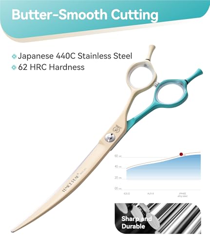 Curved Dog Grooming Scissors with Coating 440C Stainless Steel, 7 inch Professional Curved Shears Dog Grooming，25 Degree of Curved Blade，Pet Shear for Trimming Face and Paws, Green & White - color: Green&white