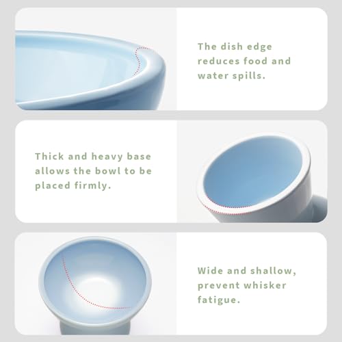 CEEFU Extra Wide Elevated Ceramic Cat Bowl, 6.2" Shallow Dish for Whisker Fatigue Relief, 5" Height for Easy Feeding, Durable Raised 2 Cat Food Bowls, Blue - color: Baby Blue-2 Food Bowl
