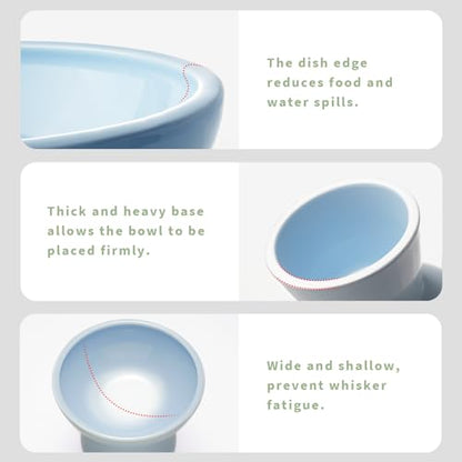 CEEFU Extra Wide Elevated Ceramic Cat Bowl, 6.2" Shallow Dish for Whisker Fatigue Relief, 5" Height for Easy Feeding, Durable Raised 2 Cat Food Bowls, Blue - color: Baby Blue-2 Food Bowl