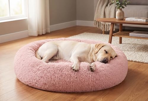 SAVFOX 36 inches Calming Donut Dog Bed - 3X Durable Plush Faux Fur, Machine Washable & Non-Slip, Fits up to 100 lbs, Pink - color: Pink, size: Large | 36"x36"