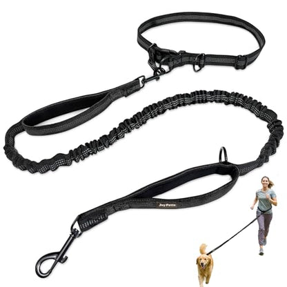Hands-Free Bungee Dog Leash for Running Walking Small Medium Dogs | 4-6ft length, 28-47in adjustable waist belt, 2 reinforced handles, shock absorbing, reflective anti-pull, black handles - color: Black