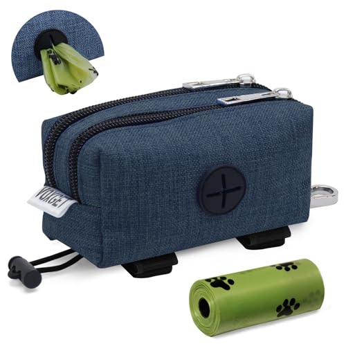 Poop Bag Holder for Leashes, Dog Treat Pouch Carrier with 2 Zipper Pockets and Clip for Puppy Training, Dog Waste Bag Dispenser with 1 Roll Poop Bags for Walking Accessories (Navy Blue) - color: Navy Blue