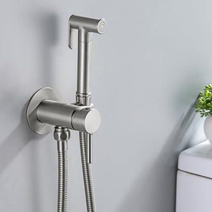 SHAMANDA Warm Water Bidet Sprayer for Toilet with Hot and Cold Brass Rough-in Valve, Stainless Steel Round Handheld Bidet Attachment Set for Feminine, Pets and Baby Diaper Wash, Brushed Nickel - color: Brushed Nickel, style: Hot & Cold Water Modes-Round