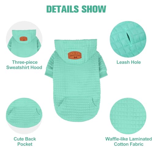 BEAUTYZOO Small Dog Hoodie Sweater with Pockets, Dog Clothes for Small Medium Dogs Boy Girl, Waffle-Like Laminated Cotton Pet Coats with Hat and Leash Hole, Mint Green XS - color: Mint Green, size: XS (Back: 10",Chest: 14", Neck: 8.7")