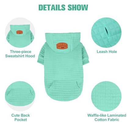 BEAUTYZOO Small Dog Hoodie Sweater with Pockets, Dog Clothes for Small Medium Dogs Boy Girl, Waffle-Like Laminated Cotton Pet Coats with Hat and Leash Hole, Mint Green XS - color: Mint Green, size: XS (Back: 10",Chest: 14", Neck: 8.7")