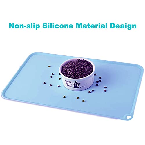 JiangYanus Silicone Pet Feeding Mat for Dog Cat Bowls, Non Slip Waterproof | Cat & Dog Bowl Mats Tray with Raised Edges for Food and Water, Pet Bowl Mat Dog Placemats to Prevent Water Spills on Floor - color: Blue