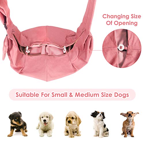 SlowTon Dog Carrier Sling - Thick Padded Shoulder Strap Adjustable Dog Carriers for Small Dogs, Puppy Carrier Purse for Pet Cat with Front Zipper Pocket Safety Belt Machine Washable (Pink M) - color: I-Peach Cotton Fabric
