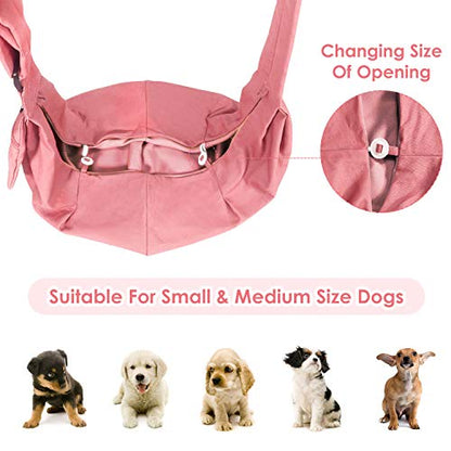 SlowTon Dog Carrier Sling - Thick Padded Shoulder Strap Adjustable Dog Carriers for Small Dogs, Puppy Carrier Purse for Pet Cat with Front Zipper Pocket Safety Belt Machine Washable (Pink M) - color: I-Peach Cotton Fabric