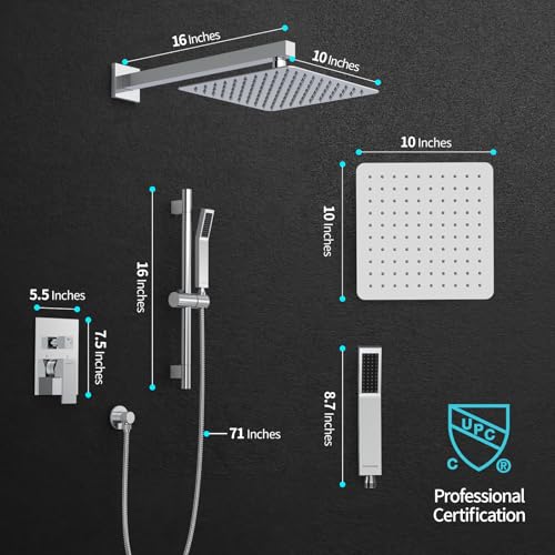 SR SUN RISE 10 Inch Square Shower Faucet, Adjustable 16-Inch Slide Bar Hand Held Shower with Hose, Square Rain Shower Head and Handheld Spray Included Valve and Shower Trim Kit, Polished Chrome - color: Polished Chrome, style: 10"