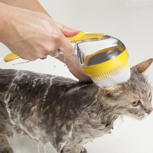 Sosoport Dog Bath Brush with Built-in Soap Dispenser Ergonomic Handle Soft Bristle Pet Grooming Scrubber for Dogs and Cats Massage and Hair Removal 7.48In Portable Shower Brush