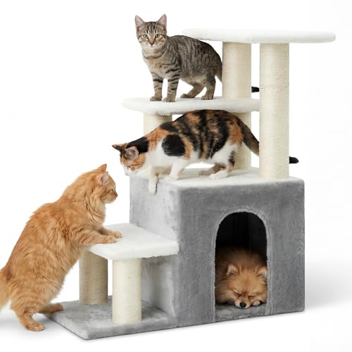 Heybly Cat Scratching Post, Sturdy Pet Stairs & Steps for Indoor Cats and Dogs, Small Cat Tree with Cat Condo, Full Wrapped Sisal Posts & Soft Rabbit-Like Plush Fabric, Light Gray & White HSP002SWWH - color: Light Gray