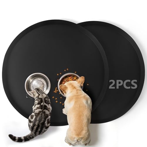20" Silicone Pet Food Mat, 2PCS Waterproof Feeding Mat for Dog & Cat Extra Large Dog Bowl Mats with Raised Edge, Non-Slip, Protects Floors, Easy to Clean (Black) - size: 2pcs