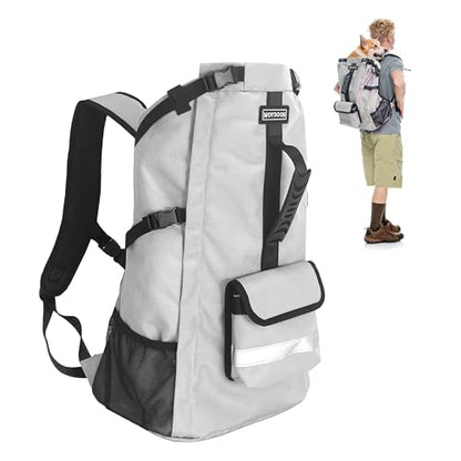 Waterproof Dog Backpack Carrier for Medium Dogs Under 30 lb, Grey | 4-Layer Protection, Adjustable Dog Hiking Backpack with Storage Pockets, Reflective Strips, Non-Slip Handle for Travel - size: 13.3"L x 9.4"W x 24.4"H