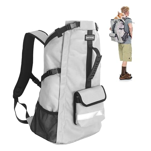 Waterproof Dog Backpack Carrier for Medium Dogs Under 30 lb, Grey | 4-Layer Protection, Adjustable Dog Hiking Backpack with Storage Pockets, Reflective Strips, Non-Slip Handle for Travel - size: 13.3"L x 9.4"W x 24.4"H