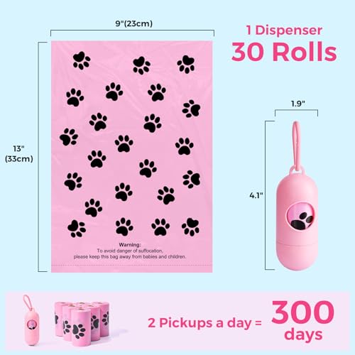 Dyforce 600 Count Dog Poop Bags Rolls with Dispenser, Scented Leak Proof Pet Waste Poop Bags for Dogs 13x9", Extra Thick and Large Doggy Cat Litter Bags for Poops with Holder, Pink - color: Pink