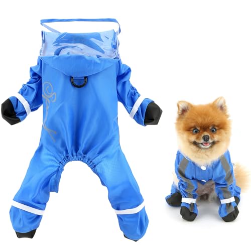 SMALLLEE_LUCKY_STORE Waterproof Raincoat for Small Dogs with Clear Hood Boots Puppy Rain Jacket with D-Ring Reflective Stripe Full Boby 4 Leg Jumpsuit Rain Coat Rain Jacket Slicker Rainwear Blue L - color: blue, size: L