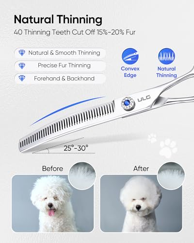 ULG Curved Thinning Dog Shears for Grooming, 7 Inch Professional Curved Thinning Dog Grooming Scissors for Blending and Thinning, 40-Tooth 15%-20% Rate 440C Stainless Steel Pet Hair Scissors - size: 7.0 Inch (Thinning)