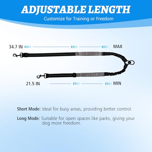 Double Dog Leash-360° Swivel, No Tangle Dog Leash Coupler, No Pull Adjustable Dual Lead with Shock-Absorbing Bungee, Padded Handles, Reflective Walking & Training Lead Splitter for 2 Dogs - color: Black Gray