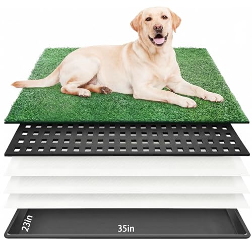 Dog Grass Pad with Tray 35"x23" Large Dog Litter Box, Artificial Grass for Dogs Potty with 3 Disposable Mats & EVA Base, Reusable Indoor Dog Potty Training for Apartment Balcony (Green, Large)