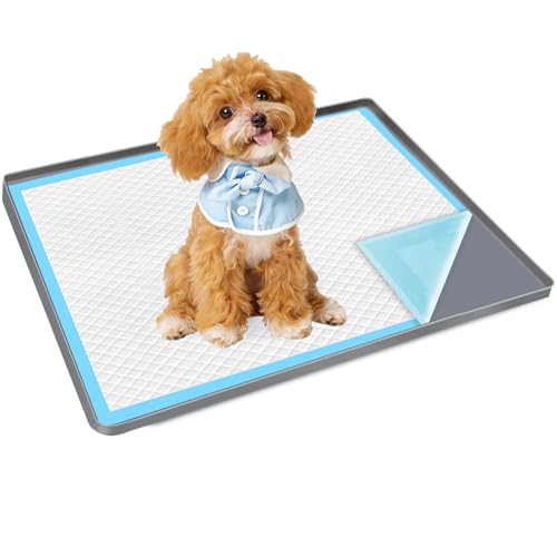 Dog Pee Pad Holder, Dog Potty Tray Silicone Puppy Pad Holder Tray Fits for 34" x 22" Training Pads, Puppy Potty Tray No Spill Raised Lip High Edge for Floor Protection (Dark Grey)