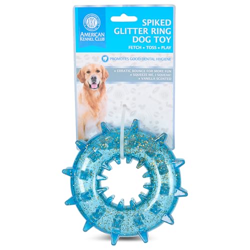 American Kennel Club AKC Spiked Glitter Dog Toys – Squeaky TPR Ball & Ring for Dental Health, Vanilla Scented with Erratic Bounce – Durable Textured Chew Toys for Dogs