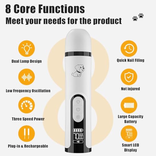 Silent Pets Nail Grinder with 2 Lights and 3 Speeds, Cordless Dog Nail Trimmers, 2000mAh Rechargeable,Painless Paws Grooming Pro for Small Medium Large Dogs & Cats (2 Replacement Heads)