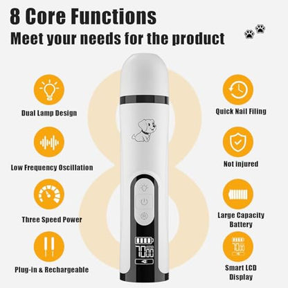 Silent Pets Nail Grinder with 2 Lights and 3 Speeds, Cordless Dog Nail Trimmers, 2000mAh Rechargeable,Painless Paws Grooming Pro for Small Medium Large Dogs & Cats (2 Replacement Heads)