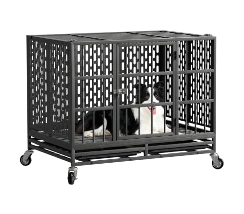 Snuowu 38 Inch Heavy Duty Dog Crate with Wheels, Folding Metal Big Dog Cage for Large and Medium Dogs, Extra Large XL XXL Indestructible Dog Crate with Removable Tray. - size: 37.3"L x 29.0"W x 32.0"H