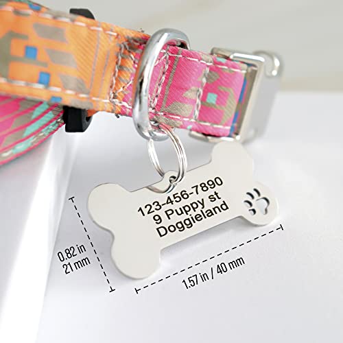 Custom Pet ID Tag, Personalized Cute Silver & Gold Bone & Hollowed Paw Shaped Collar Pendant Engraved Dog Name, Label, Address & Phone, Stainless Steel Shiny Puppies Tags Customizable on Both Sides
