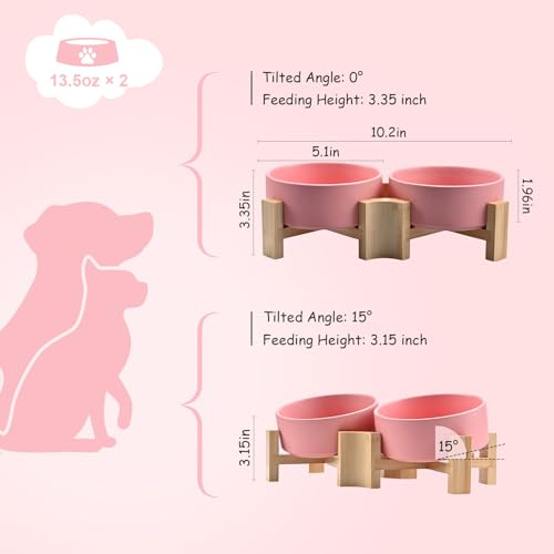 SPUNKYJUNKY 15° Slanted Ceramic Dog and Cat Bowl with Wooden Stand, Tilted Bulldog Food and Water Bowl No Slip Non-Spill for Cats Medium Dogs Big Face Pets 13.5 OZ (1.7 Cups, Pink × 2) - color: Pink, size: 1.7 CUPS × 2
