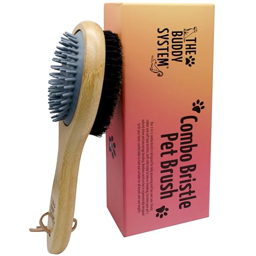 The Buddy System Combo Bristle Pet Brush, 2-in-1 Brush, Durable Rubber Side and Soft Boar Bristle Side - All Pets and Coat Lengths - Top Coat Massage for Cats & Dogs - 1 Pack