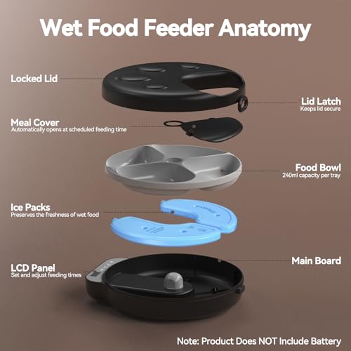 Automatic Cat Feeder Wet Food,Cordless Wet Pet Food Dispenser with 4 Ice Packs,4 Meals Per Day Fresh Food Refrigerated Container,Programmable Timed Battery Operated Auto Feeder for Kitten(Black)