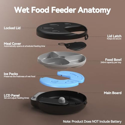 Automatic Cat Feeder Wet Food,Cordless Wet Pet Food Dispenser with 4 Ice Packs,4 Meals Per Day Fresh Food Refrigerated Container,Programmable Timed Battery Operated Auto Feeder for Kitten(Black)
