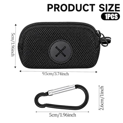 Black Dog Poop Bag Holder for Leash, Soft Fabric Zipper Doggy Waste Dispenser with Large Opening, Slim Pet Poop Carrier with Metal Carabiner Clip for Retractable Leash Walking Accessories (Black)