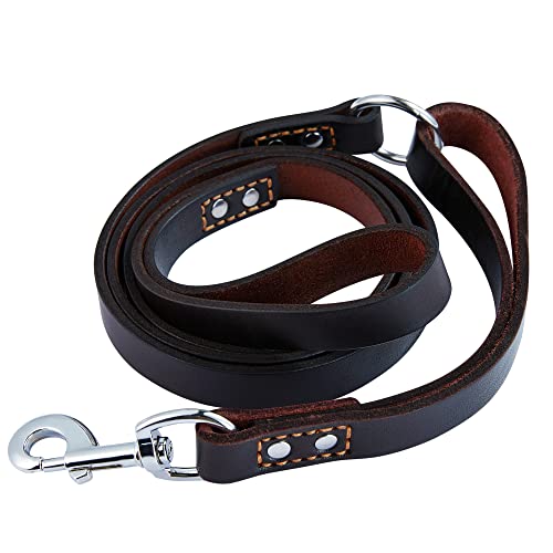 Leather Dog Leash Traffic 6ft Heavy Duty Training for Large Medium Small Breed Dog Brown Double Handle Pet Leashes (6FT * 4/5", Brown) - color: Dark Drown, size: 6FT * 4/5"