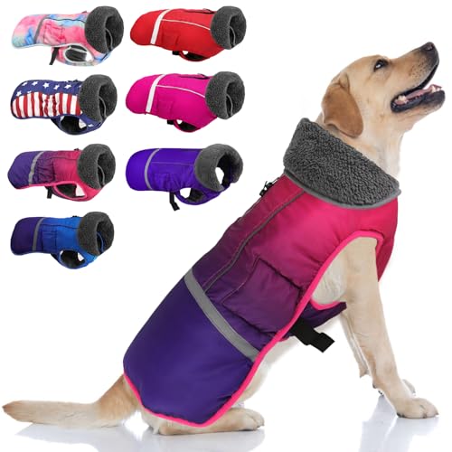 Doglay Dog Coat, Waterproof Dog Jacket Pet Winter Coat for Cold Weather with Thicken Furry Collar, Reflective Puppy Winter Jacket Warm Fleece Lining for Small Medium Large Pets - color: Gradient Pink Purple, size: S(Chest : 11-18.11" , Back : 9.84")