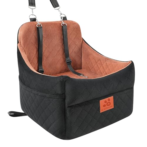 GL GLENSLAVE Dog Car Seat for Small/Medium Dogs, Dog Booster Car Seats with Thick Cushion for Dogs Under 35 lbs, Detachable Washable Pet Carseat with Storage Pockets, 2 Safety Belts(Black/Brown) - color: Black/Brown
