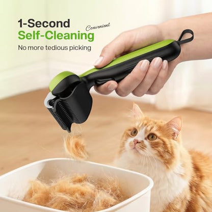 Pecute Self-Cleaning Undercoat Rake for Dogs Cats with Thick Double Coats | 1-click clean, 304SS, 18 rounded teeth, For seasonal heavy shedding & matting, Gentle on pets, Ideal for long/dense coats - color: Green