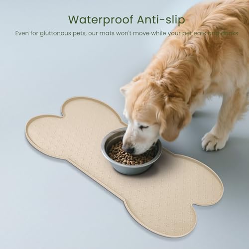 PWTAA Dog Food Mat Anti-Slip Silicone Dog Bowl Mat Thicker Pet Placemat Waterproof Cat Feeder Pad with Raised Edge Puppy Kitten Feeding Mats Suitable Small Medium-Sized Dogs Cats Eating Tray - color: Beige, size: 19.4" x 9.8"