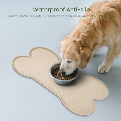 PWTAA Dog Food Mat Anti-Slip Silicone Dog Bowl Mat Thicker Pet Placemat Waterproof Cat Feeder Pad with Raised Edge Puppy Kitten Feeding Mats Suitable Small Medium-Sized Dogs Cats Eating Tray - color: Beige, size: 19.4" x 9.8"