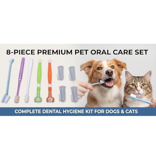 Sorandy 8 Pack Dog Toothbrush Kit, Triple Head and Double Head Dog Toothbrush Set, 360 Finger Brush, Multi Angle Cleaning Brushes for Cat Oral Health (Style 1)