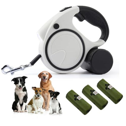 Retractable Dog Leash with LED Flashlight for Girl, 16ft Dog Walk Leash with Removable Poop Bag Holder for Small and Medium Dogs, Dog Leash with Reflective Strong Nylon Tape (3 Dog Poop Bag, White)