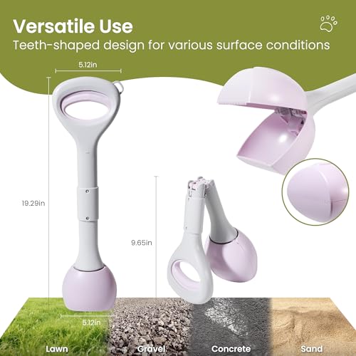 Dog Pooper Scooper Portable with Bag Attachment, One Handed Foldable Design, Includes 120 Waste Bags and Dispenser, 19 Inch Handle for Grass Yard Gravel Cleanup (Purple) - color: Purple + 120 garbage bags + dispenser